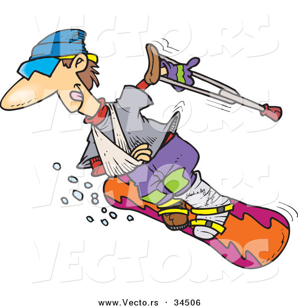 Vector of a Happy Injured Cartoon Snowboarder Sliding down a Ski Slope