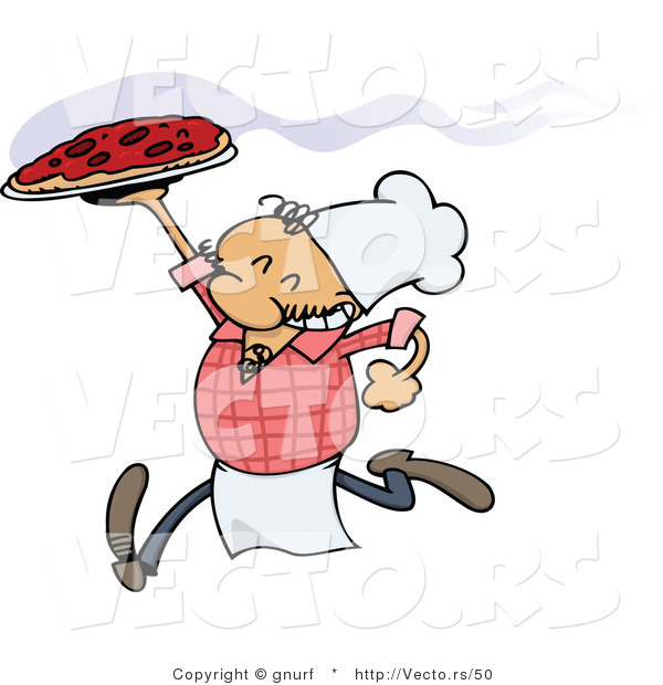 Vector of a Happy Italian Caroon Chef Running with a Fresh Hot Pizza Pie