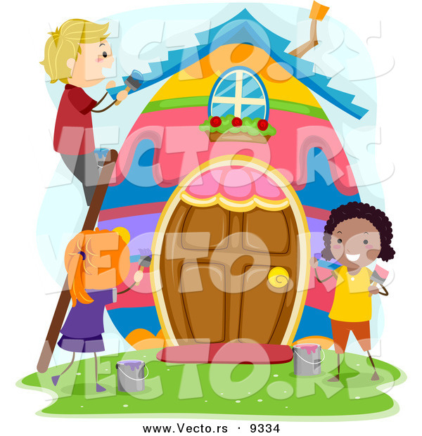 Vector of a Happy Kids Painting a Big Easter Egg House