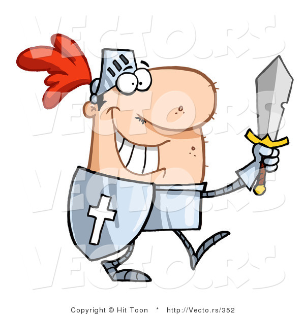 Vector of a Happy Knight Carrying Sword and Shield While Walking in Armor