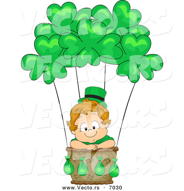 Vector of a Happy Leprechaun Toddler Boy Traveling in a Hot Air Balloon with Clovers