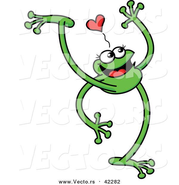 Vector of a Happy Long Legged Green Frog Under a Love Heart - Cartoon Design