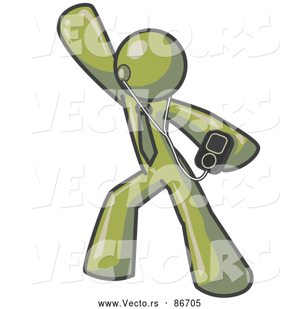 Vector of a Happy Olive Green Person Dancing and Listening to Music with an MP3 Player