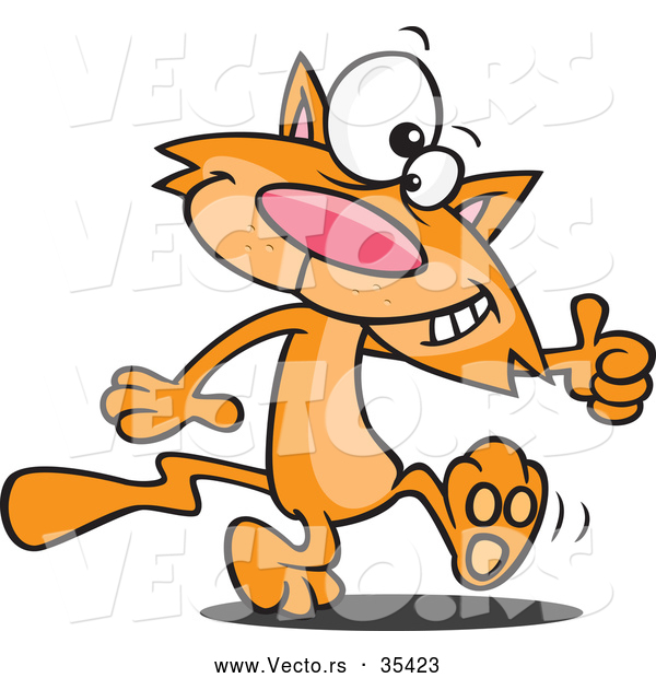 Vector of a Happy Orange Cartoon Cat Walking Upright While Giving Thumb up Hand Gesture