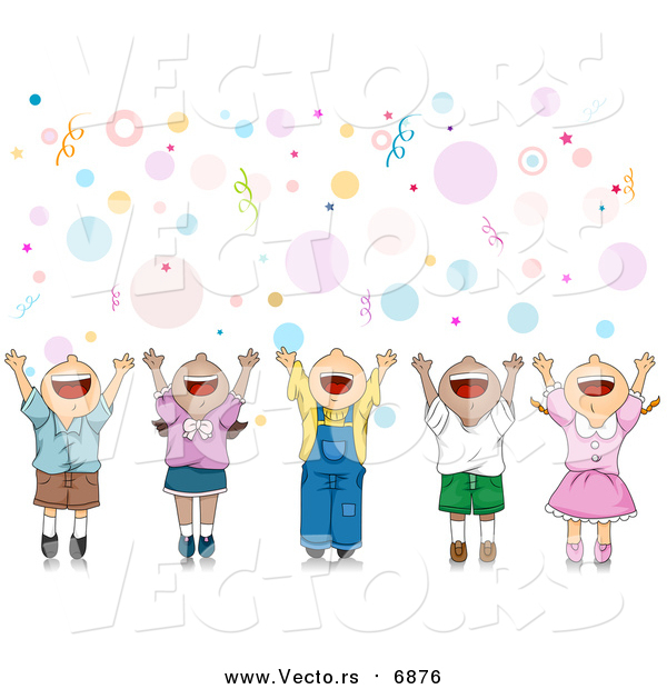 Vector of a Happy Party Kids Celebrating with Their Hands up over Bubbles and Confetti