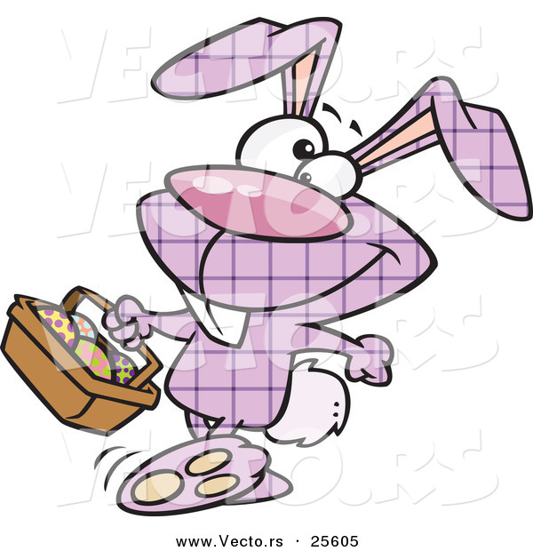 Vector of a Happy Purple Plaid Cartoon Easter Bunny Carrying a Basket of Painted Eggs