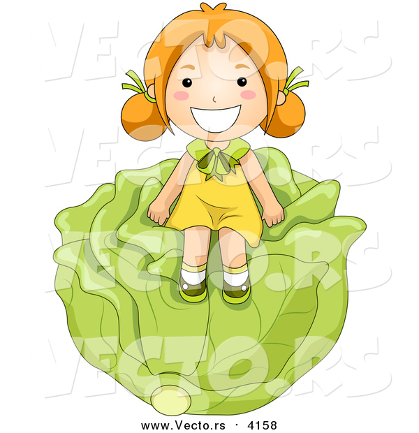 Vector of a Happy Red Haired Girl Sitting on a Giant Head of Cabbage