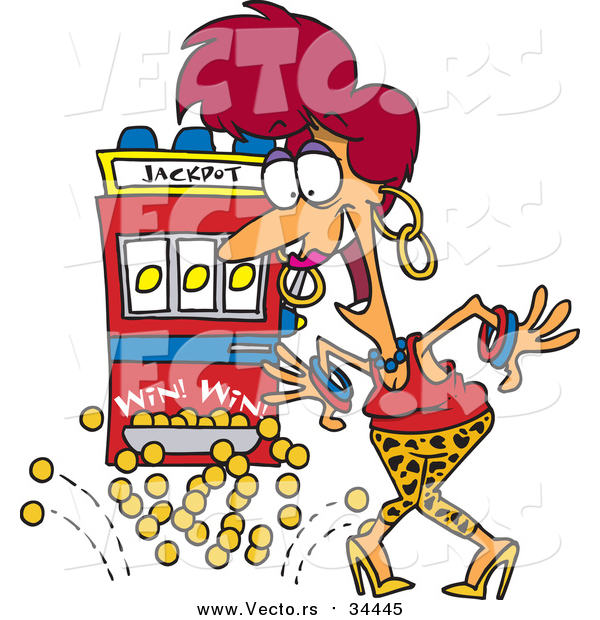 Vector of a Happy Red-Head Woman Winning Jackpot at a Casino - Cartoon Style