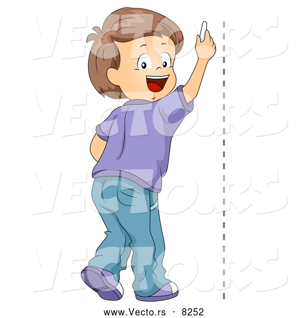 Vector of a Happy School Boy Drawing a Vertical Line on a Wall