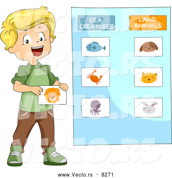 Vector of a Happy School School Boy Categorizing Sea Creatures and Land Animals on a Wall