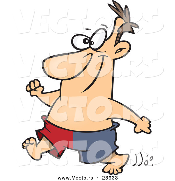 Vector of a Happy Shirtless Cartoon Man Running with Swim Trunks on
