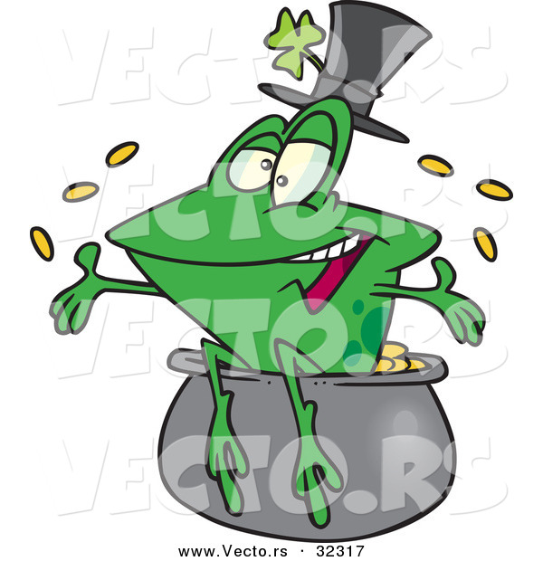 Vector of a Happy St. Patrick's Day Cartoon Frog Tossing Gold Coins into the Air from a Pot