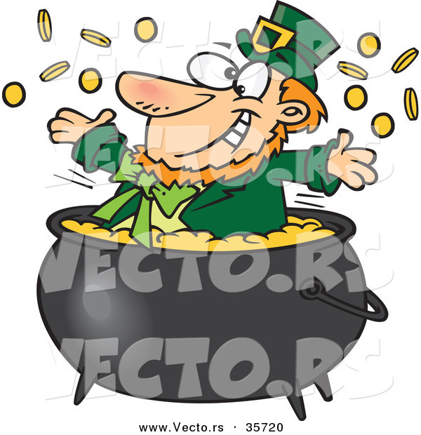Vector of a Happy St. Patrick's Day Cartoon Leprechaun Playing in a Pot Full of Gold