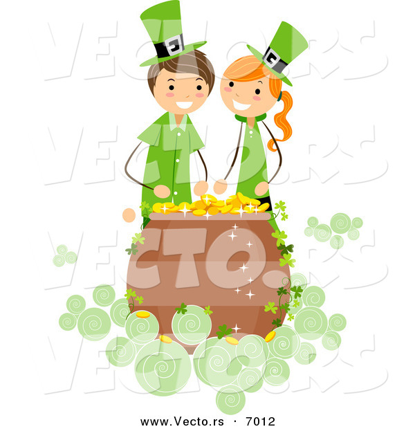 Vector of a Happy St. Patrick's Day Girl and Boy over a Lucky Pot of Gold