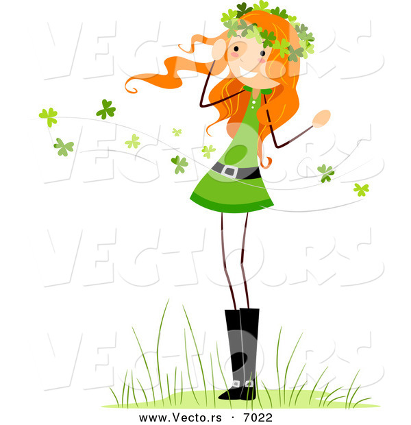 Vector of a Happy St. Patrick's Day Girl Standing Within Clovers Blowing All Around Her