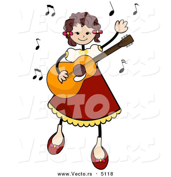 Vector of a Happy Stick Girl Dancing and Playing a Guitar