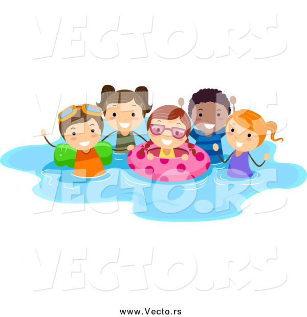Vector of a Happy Summer Stick Kids Playing in a Pool
