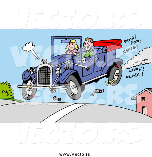 Vector of a Happy White Man and Woman Catching Air in Their Convertible Antique Car, Pieces of It Falling off