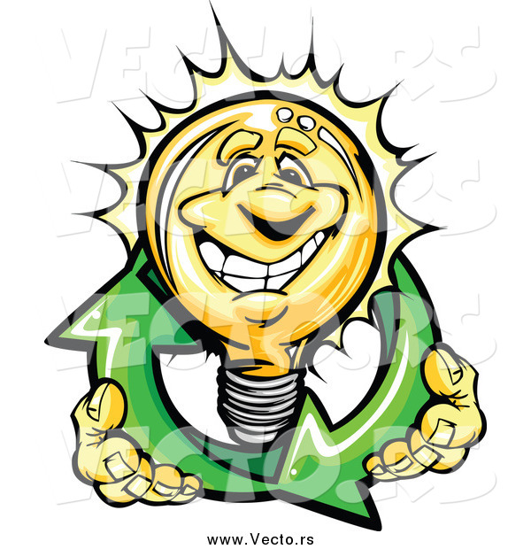 Vector of a Happy Yellow Light Bulb Character Holding Renewable Solar Energy Arrows