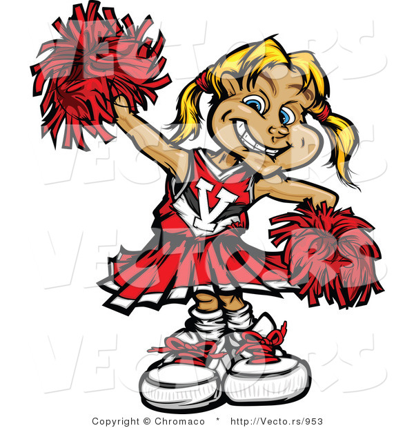 Vector of a Happy Young Cheerleader Practiving with Red Pom Poms