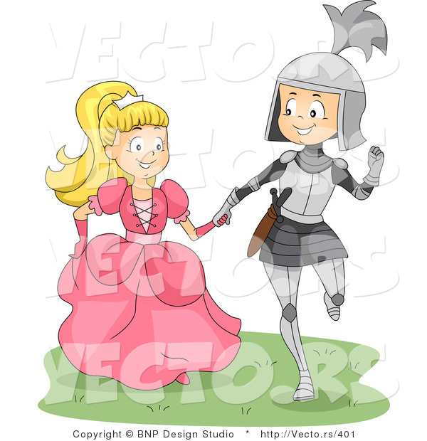 Vector of a Happy Young Knight and Princess Walking Together