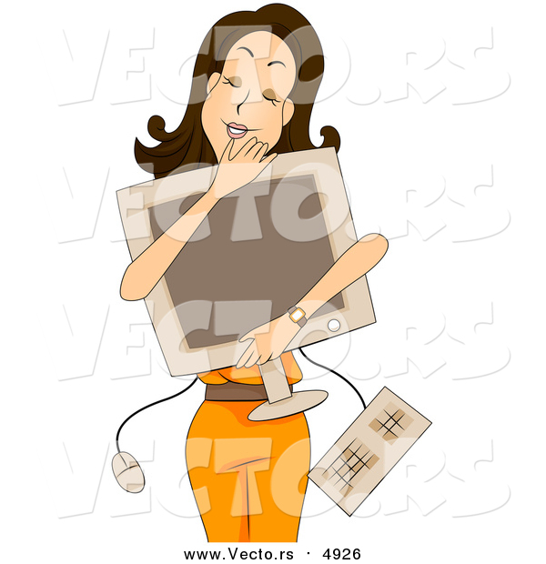 Vector of a Happy Young Lady Hugging Her Personal Computer - Cartoon Style
