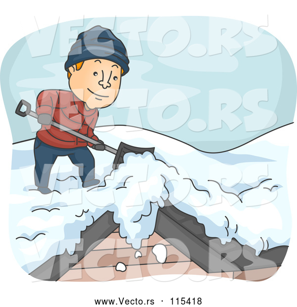 Vector of a Happy Young Man Shoveling Snow off Roof in Cold Winter Weather