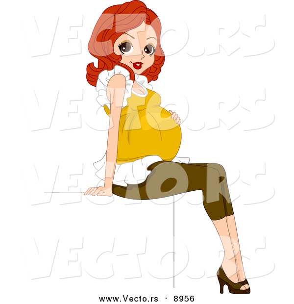 Vector of a Happy Young Red Haired Pregnant Woman Posing