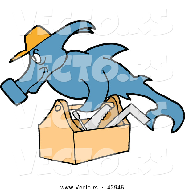 Vector of a Hard Working Cartoon Hammerhead Shark Repair Man Carrying a Wood Tool Box