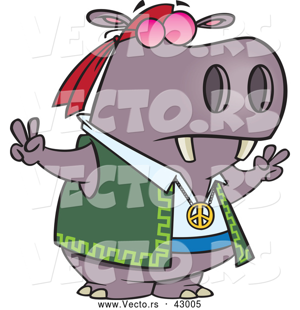 Vector of a Hippie Cartoon Hippo Gesturing Peace Signs with His Hands