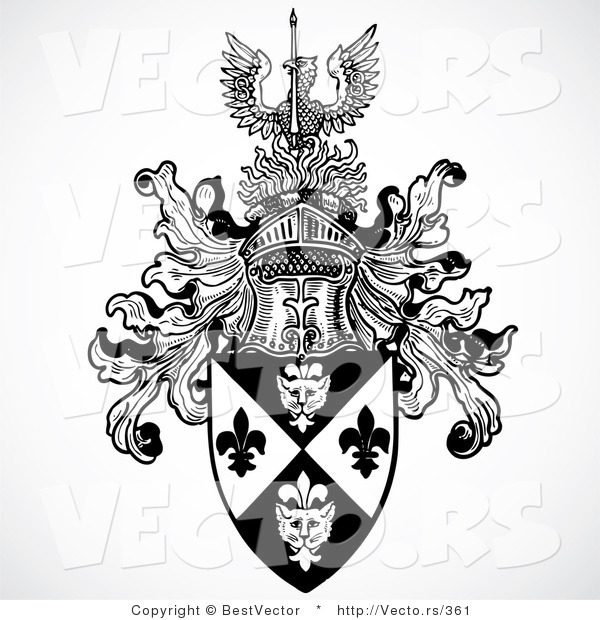 Vector of a Historic Black and White Knight Helmet Above Shield with a Phoenix Bird