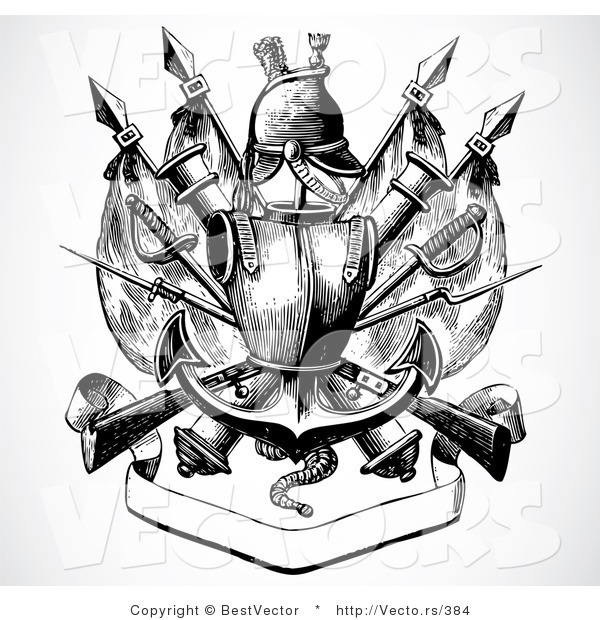 Vector of a Historic Black and White Knight's Armor Above Blank Banner