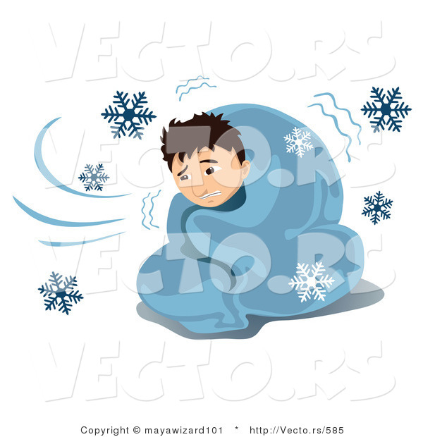 Vector of a Homeless Sick Boy Shivering Under Blanket While It Snows Outside