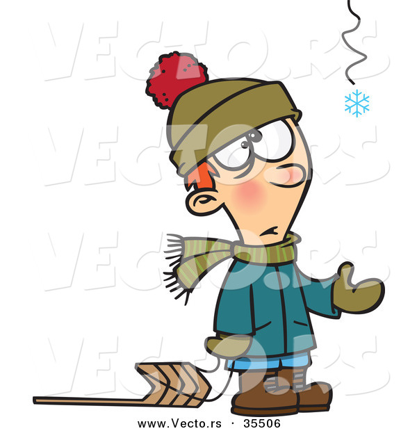 Vector of a Hopeful Boy Standing Beside a Sled While Catching a Lonely Snowflake