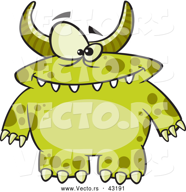 Vector of a Horned Cartoon Green Monster with Spots
