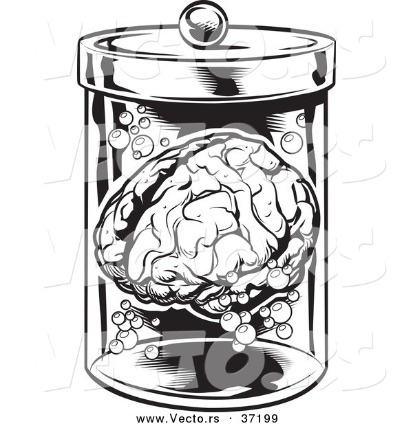 Vector of a Human Brain in a Jar - Black and White Halloween Line Art