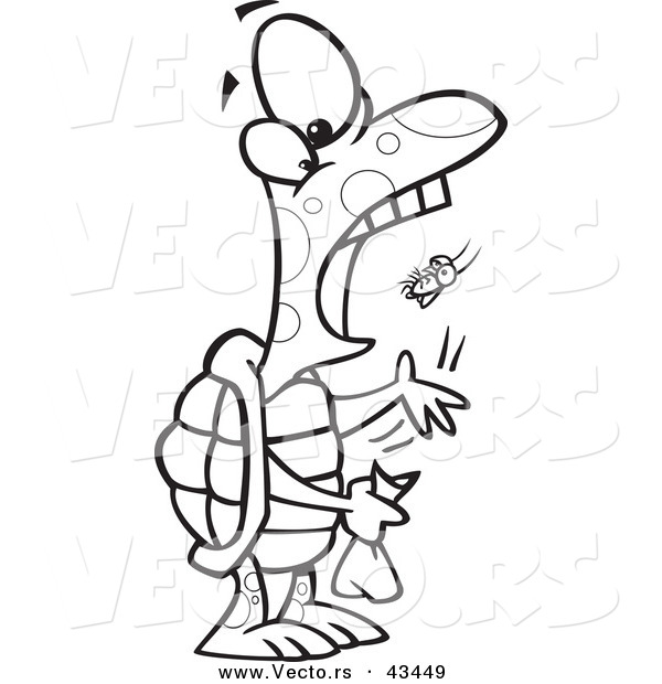 Vector of a Hungry Cartoon Tortoise Popping a Fly into His Mouth - Coloring Page Outline