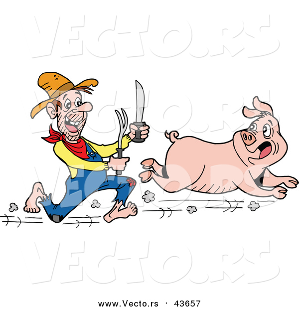 Vector of a Hungry White Hillbilly Man Chasing a Pig with a Knife and Fork