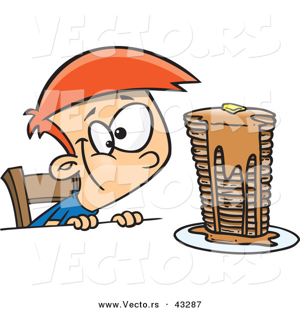 Vector of a Hungy Cartoon Boy Looking at a Stack of Pancakes Dripping with Syrup
