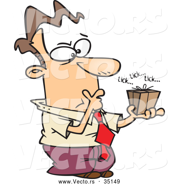 Vector of a Indecisive Cartoon Man Holding a Wrapped Box with a Mysterious Ticking Noise