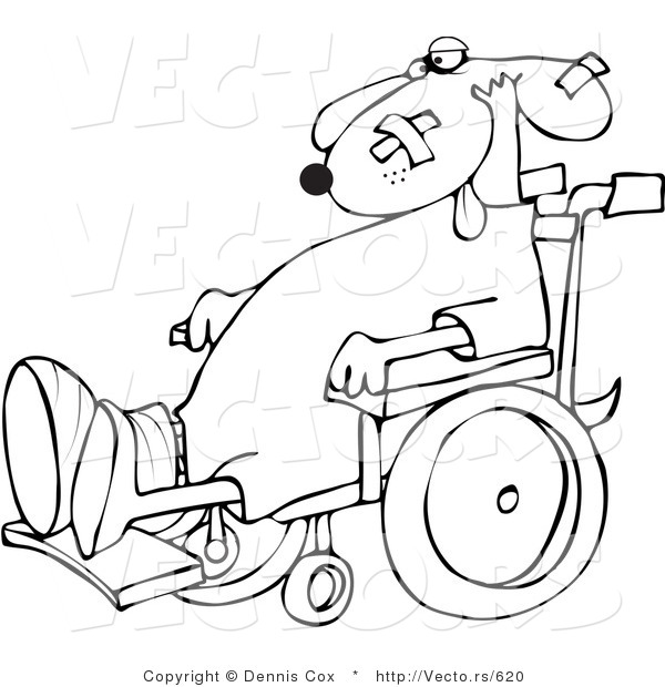 Vector of a Injured Cartoon Dog in a Wheelchair - Line Drawing