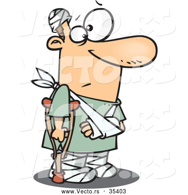 Vector of a Injured Cartoon Man with a Crutch, Broken Arm, and Bandages Around His Head and Feat