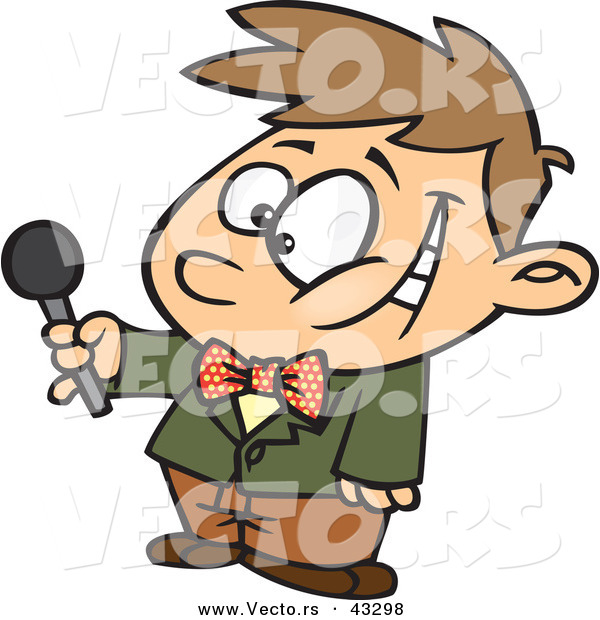 Vector of a Interviewing Cartoon Boy Holding out a Microphone While Smiling