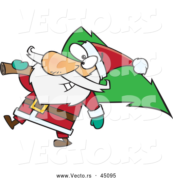 Vector of a Jolly Cartoon Santa Delivering a Christmas Tree