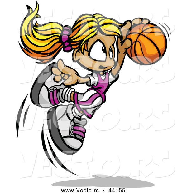 Vector of a Jumpling Cartoon Basketball Girl Player with the Ball