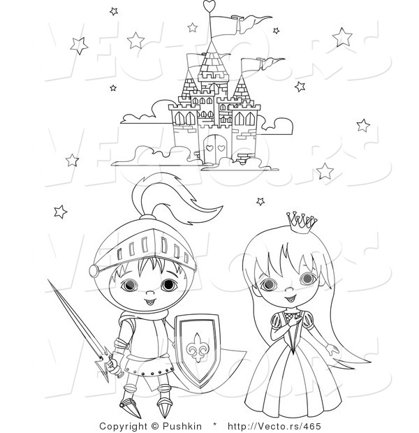 Vector of a Knight and Princess Kids Beside a Castle - Coloring Page