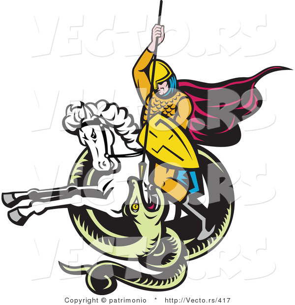 Vector of a Knight Attacking Snake Spear While on a White Horse - Retro Style