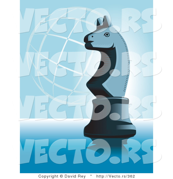Vector of a Knight Chess Piece on Blue with a Wire Globe in Background
