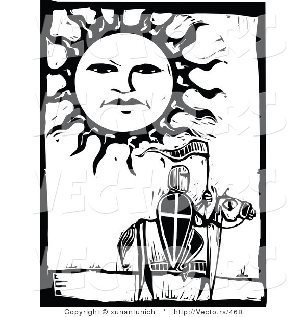 Vector of a Knight on a Horse with Sun Character in the Sky - Black and White Woodcut