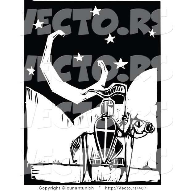 Vector of a Knight on a Horse Withing a Night Scene with Crecent Moon - Black and White Woodcut